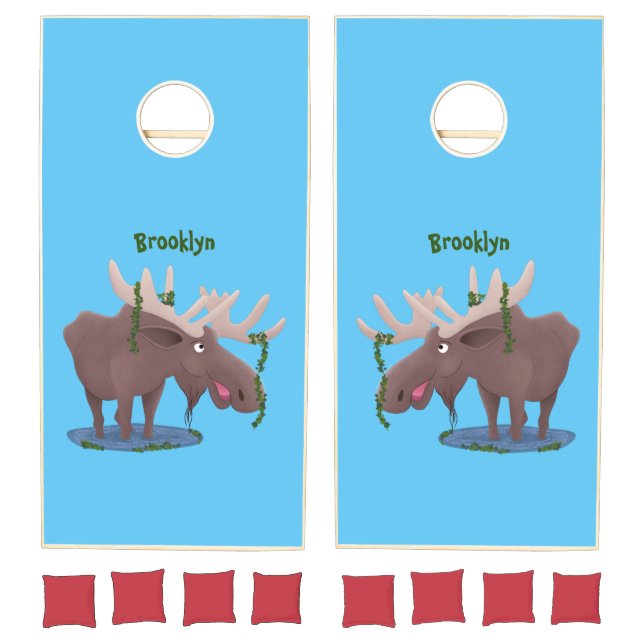 Funny happy moose cartoon illustration cornhole set (Set)