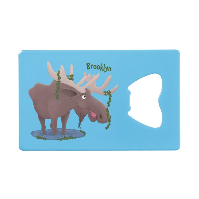 Funny happy moose cartoon illustration credit card bottle opener (Front (Horizontal))