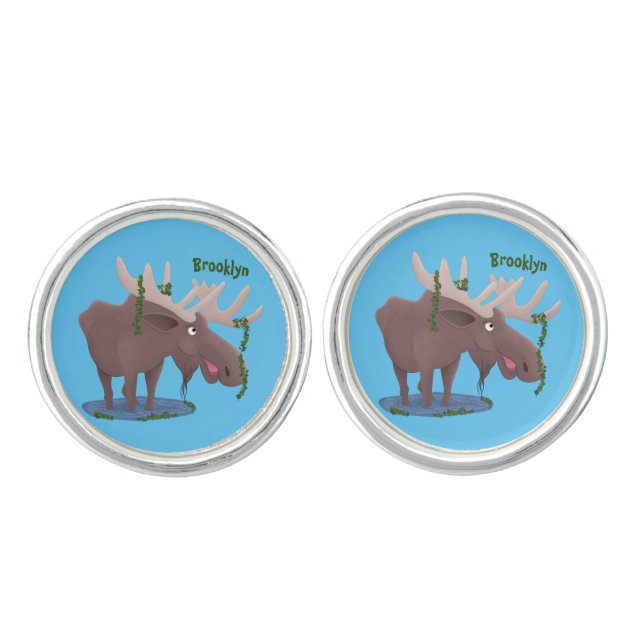 Funny happy moose cartoon illustration  cufflinks (Front)