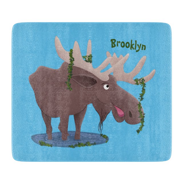 Funny happy moose cartoon illustration cutting board (Front)