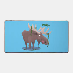 Funny happy moose cartoon illustration desk mat