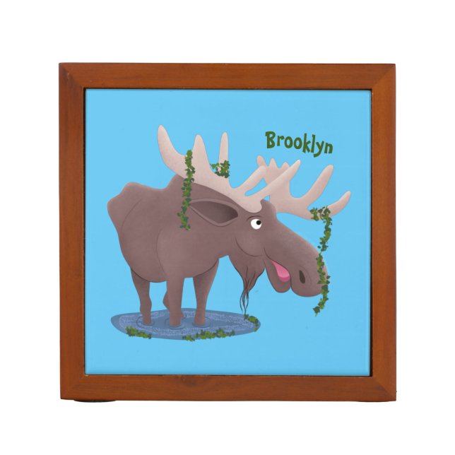 Funny happy moose cartoon illustration desk organizer (Front)