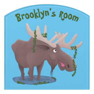 Funny happy moose cartoon illustration door sign