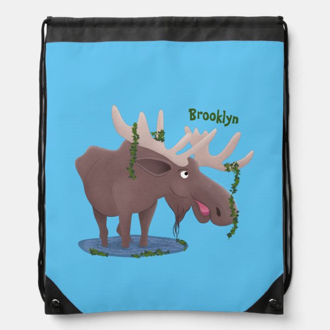 Funny happy moose cartoon illustration  drawstring bag (Front)