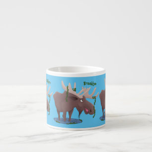 Funny happy moose cartoon illustration espresso cup