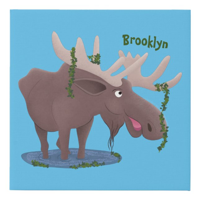 Funny happy moose cartoon illustration faux canvas print (Front)