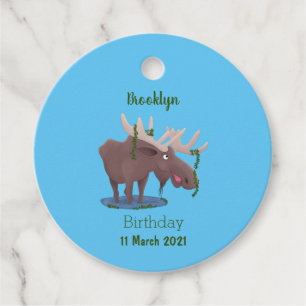 Funny happy moose cartoon illustration favor tags