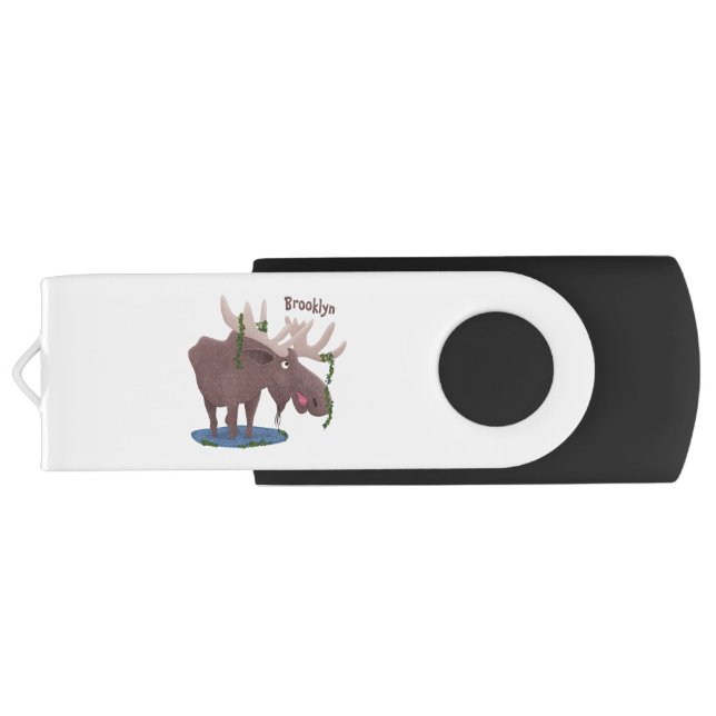 Funny happy moose cartoon illustration flash drive (Back)