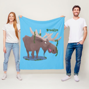Funny happy moose cartoon illustration fleece blanket