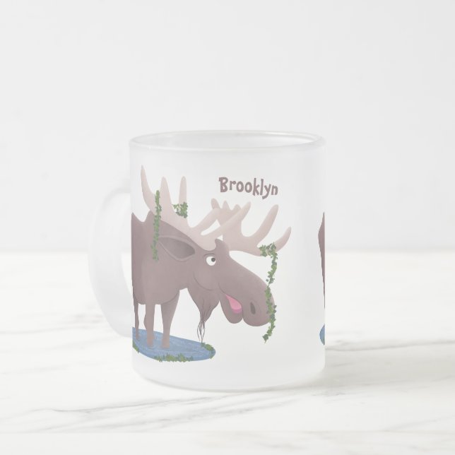 Funny happy moose cartoon illustration frosted glass coffee mug (Front Left)