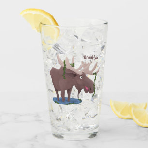 Funny happy moose cartoon illustration glass