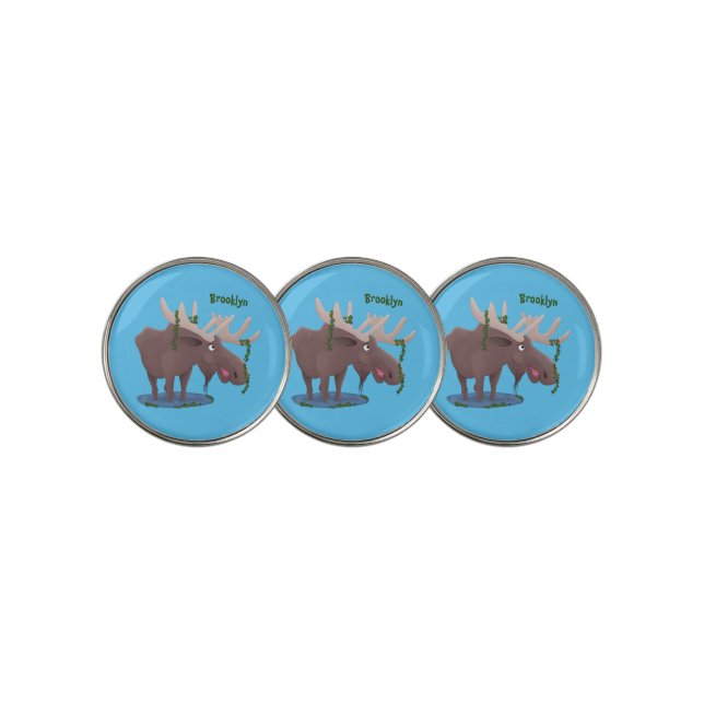 Funny happy moose cartoon illustration golf ball marker (3 Up)
