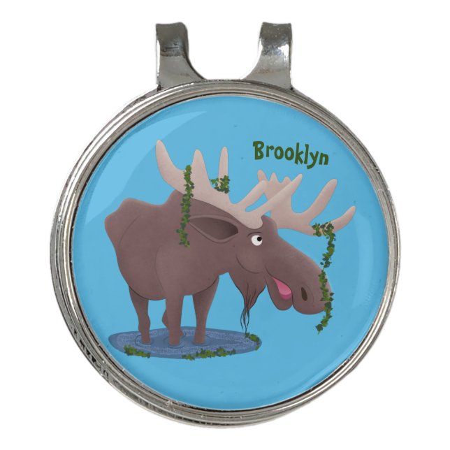 Funny happy moose cartoon illustration golf hat clip (Front)