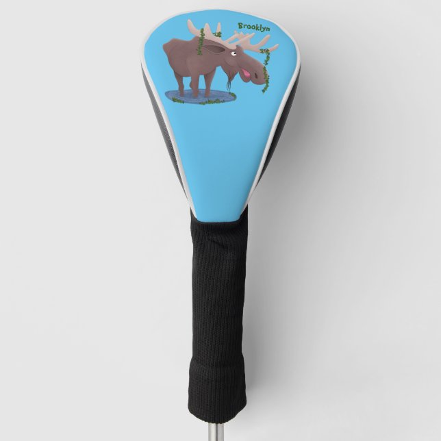 Funny happy moose cartoon illustration golf head cover (Front)