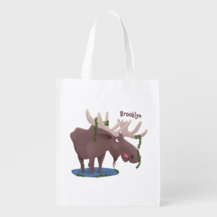 Funny happy moose cartoon illustration grocery bag