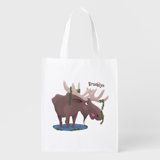 Funny happy moose cartoon illustration grocery bag (Front)