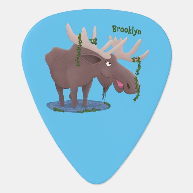 Funny happy moose cartoon illustration guitar pick (Front)