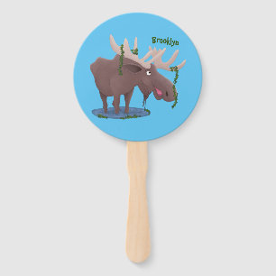 Funny happy moose cartoon illustration hand fan