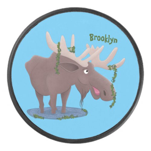 Funny happy moose cartoon illustration hockey puck