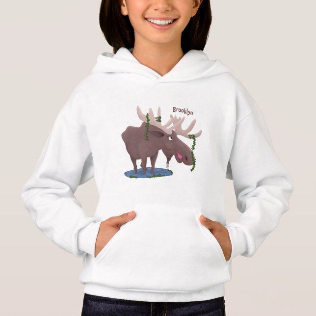 Funny happy moose cartoon illustration hoodie (Front)