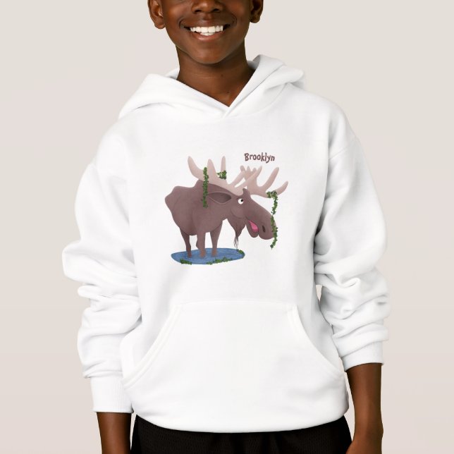 Funny happy moose cartoon illustration hoodie (Front)