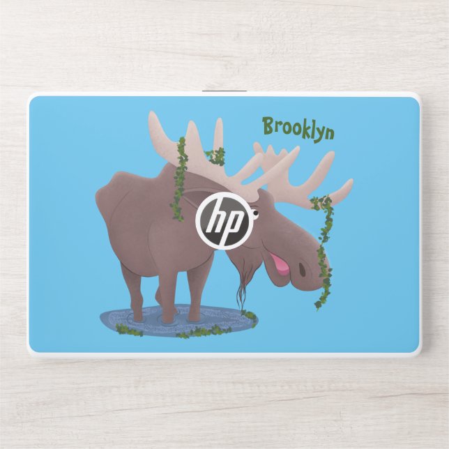Funny happy moose cartoon illustration HP laptop skin (Front)