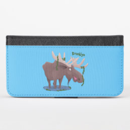 Funny happy moose cartoon illustration iPhone x wallet case