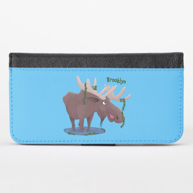 Funny happy moose cartoon illustration iPhone wallet case (Front (Horizontal))