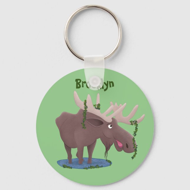 Funny happy moose cartoon illustration keychain (Front)