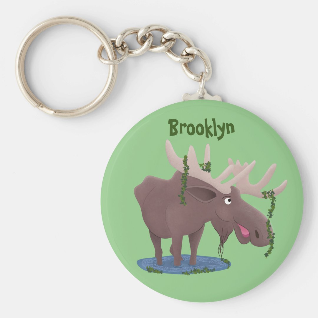 Funny happy moose cartoon illustration keychain Zazzle