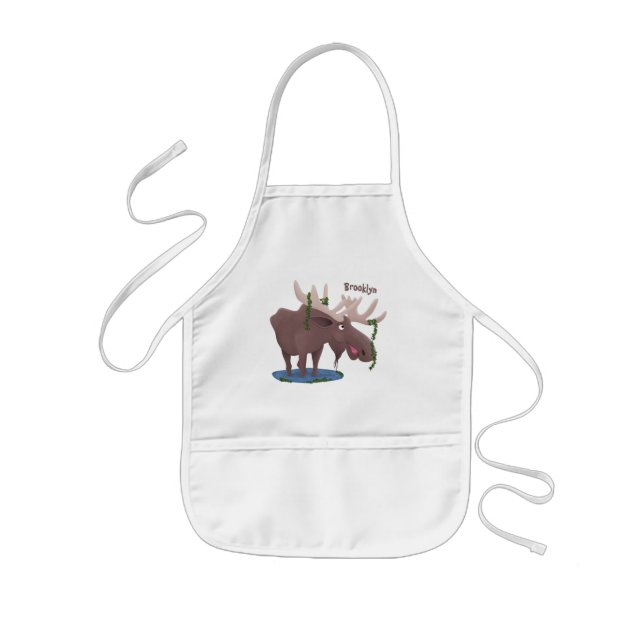 Funny happy moose cartoon illustration kids' apron (Front)