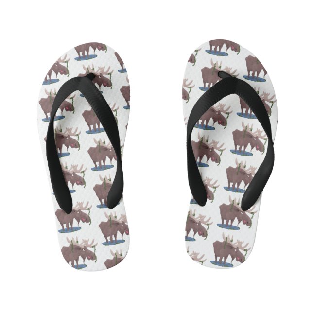 Funny happy moose cartoon illustration kid's flip flops (Footbed)