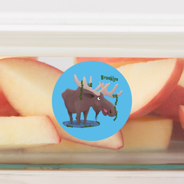 Funny happy moose cartoon illustration labels (Affixed)