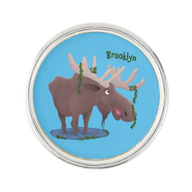 Funny happy moose cartoon illustration lapel pin (Front)
