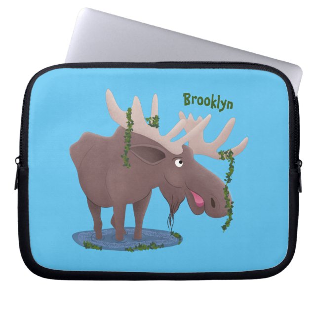 Funny happy moose cartoon illustration laptop sleeve (Front)