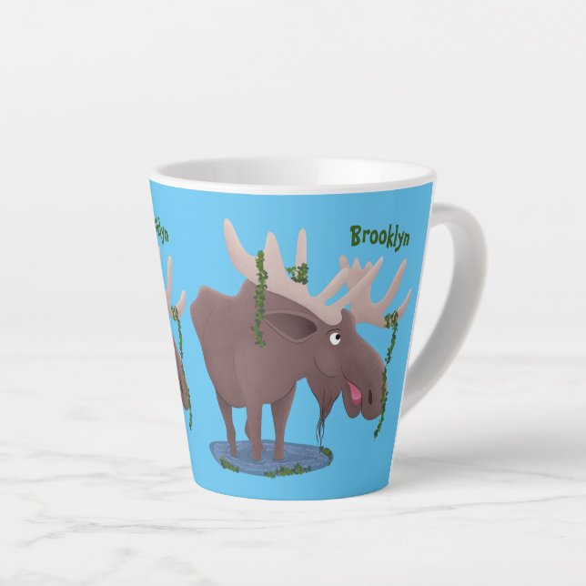 Funny happy moose cartoon illustration latte mug (Right Angle)