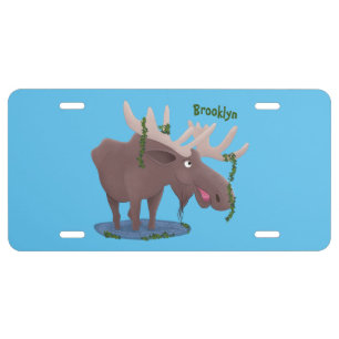 Funny happy moose cartoon illustration license plate