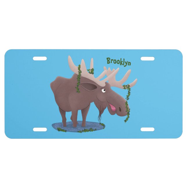 Funny happy moose cartoon illustration license plate (Front)