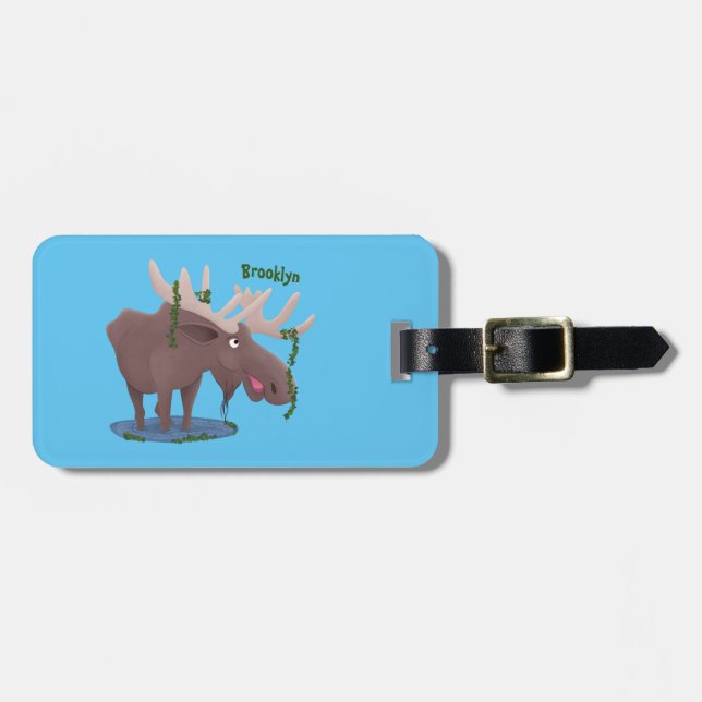 Funny happy moose cartoon illustration luggage tag (Front Horizontal)
