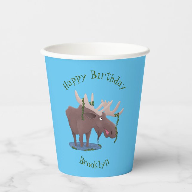 Funny happy moose cartoon illustration paper cups (Front)