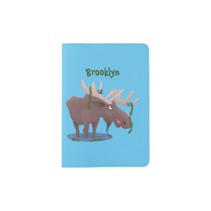 Funny happy moose cartoon illustration passport holder