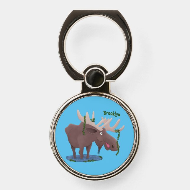 Funny happy moose cartoon illustration phone ring stand (Front)
