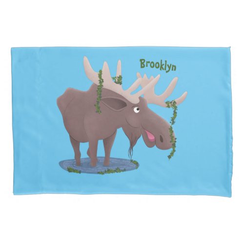 Funny happy moose cartoon illustration pillow case