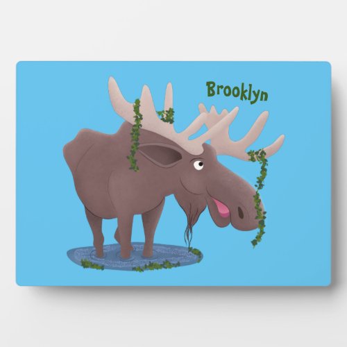 Funny happy moose cartoon illustration plaque