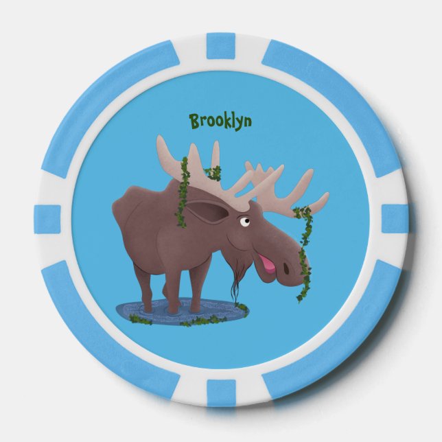 Funny happy moose cartoon illustration poker chips (Front)