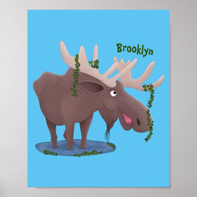 Funny happy moose cartoon illustration poster (Front)