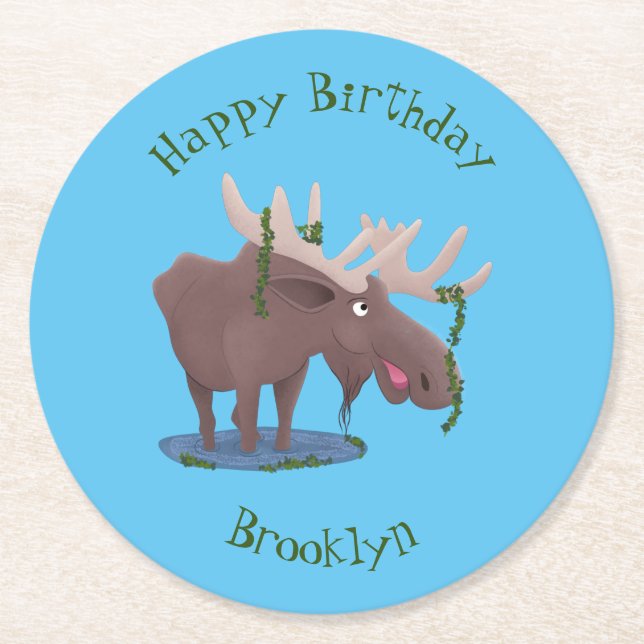 Funny happy moose cartoon illustration  round paper coaster (Front)