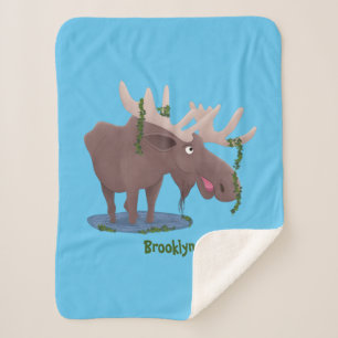 Funny happy moose cartoon illustration sherpa blanket