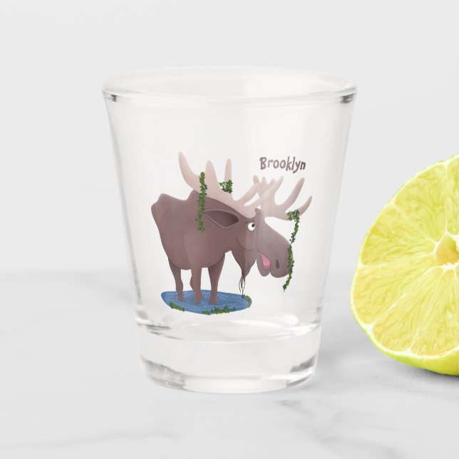 Funny happy moose cartoon illustration shot glass (Front)