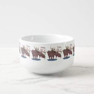 Funny happy moose cartoon illustration soup mug